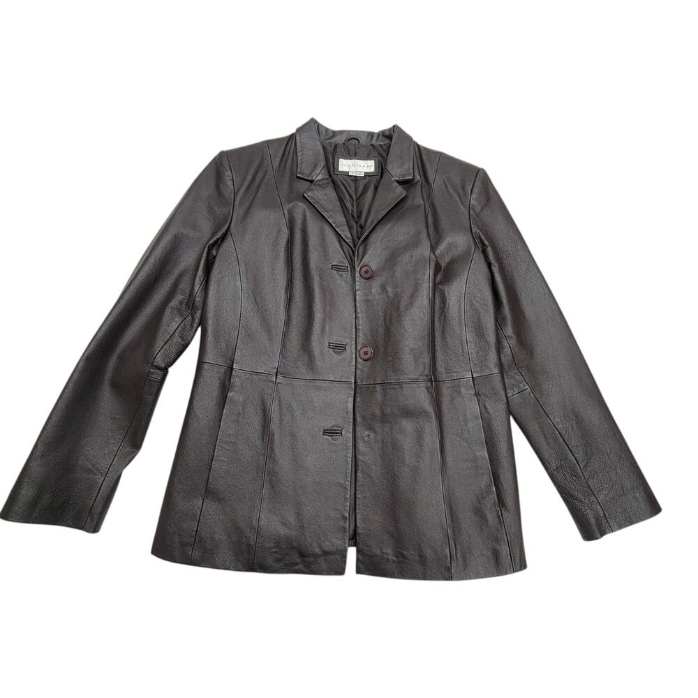 Hannah Womens M Brown Genuine Leather Blazer Jacket Minimalist Coat Vintage Y2K